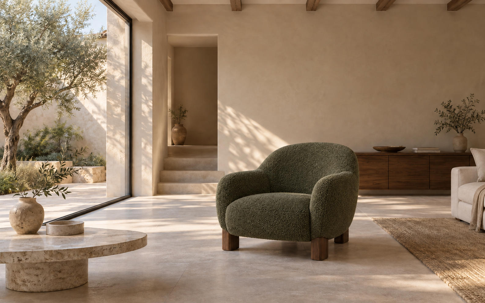 Warm courtyard living space with a sculptural olive lounge chair
