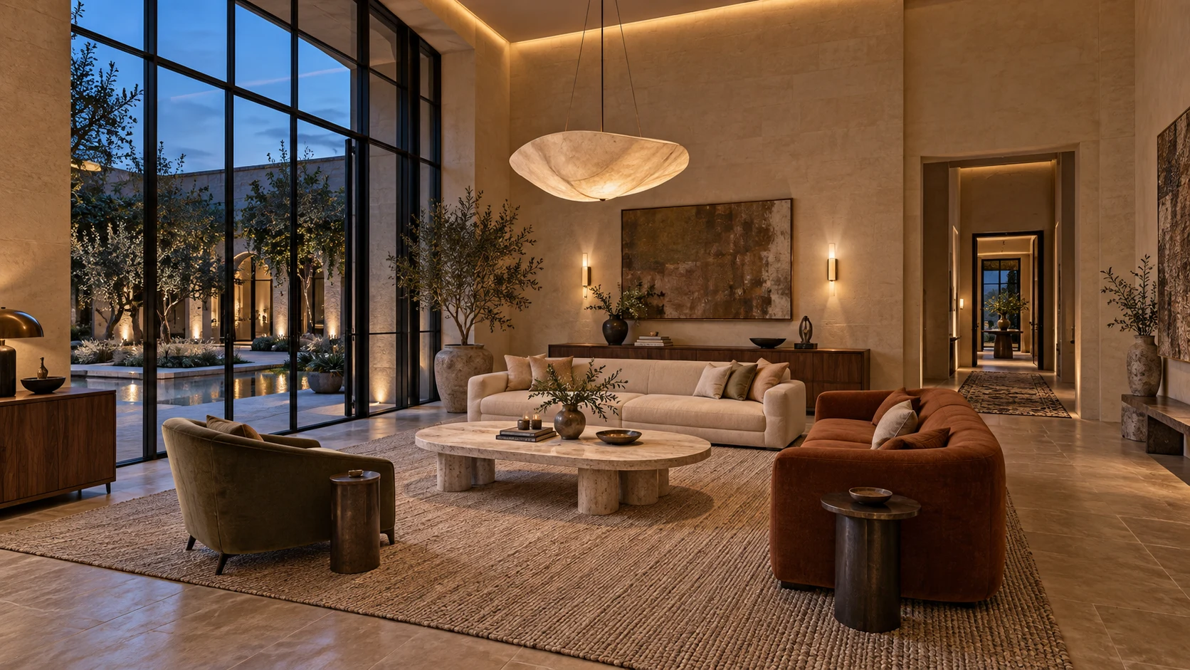 Complete hotel lounge proposal with coordinated furniture, custom table and architectural lighting
